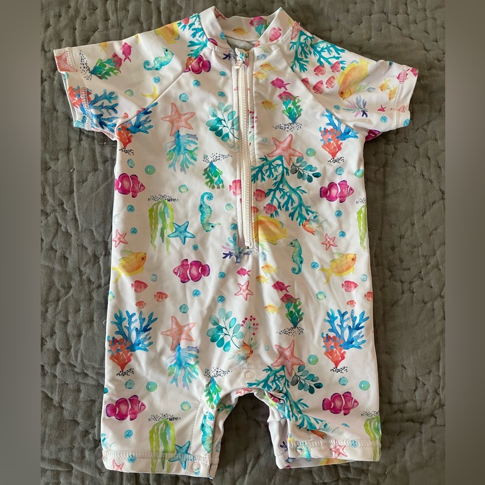Little Me White One-Piece Swimsuit Sea Life Short Sleeve Zipped Shorts 24 Months